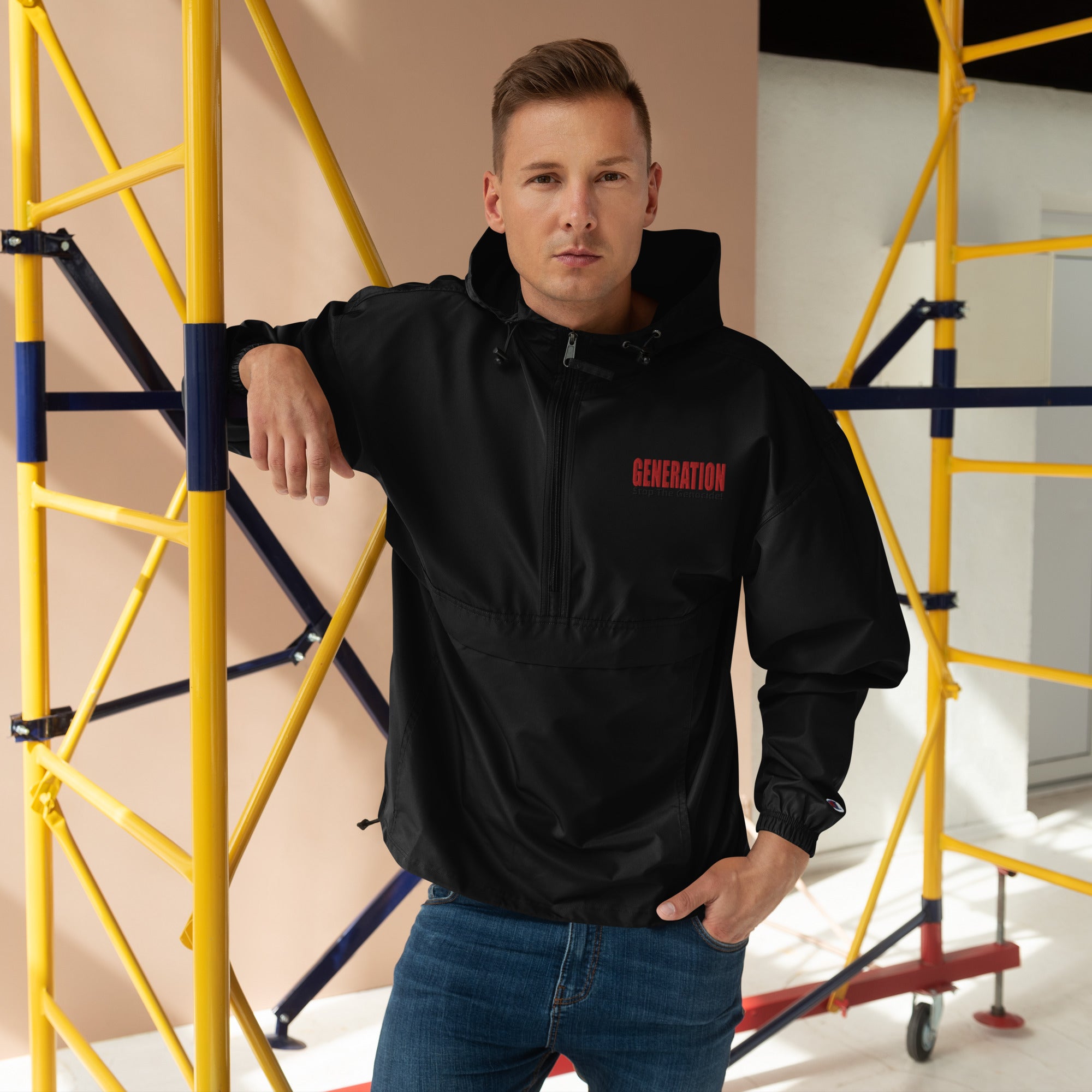 X Embroidered Champion Packable Jacket – STOP THE GENOCIDE